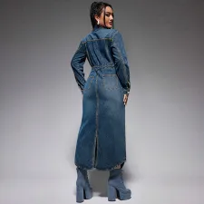 SC Lapel Button Long Sleeve Split Denim Maxi Dress GDAM-218621