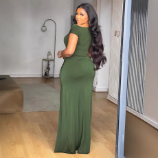 SC Short Sleeve Solid Color Split Maxi Dress GYLY-10529