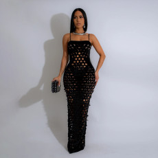 SC Sexy Hollow Out Solid Color Sling Maxi Dress CYA-901490