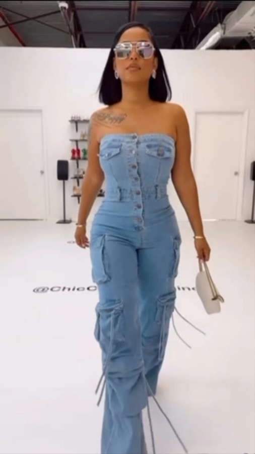 SC Single-breasted Wrap Chest Denim Jumpsuit GADE-9825