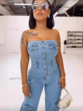 SC Single-breasted Wrap Chest Denim Jumpsuit GADE-9825