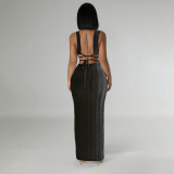 SC Solid Color Sleeveless Tie Up Backless Long Skint Set YF-10751