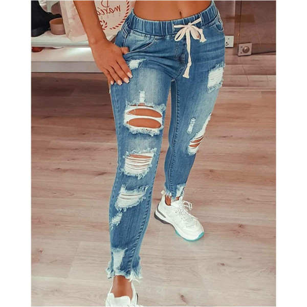 SC Fashion Slim Holes Tie Up Jeans GDMY-XJC-Y5936