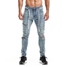 SC Men's Plaid Patch Holes Washed Pencil Jeans GDMY-SP1991
