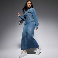 SC Long Sleeve Lapel Split Denim Maxi Dress GDAM-218616