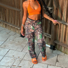 SC Leaf Print Straight Leg High Waisted Work Pants GSMJ-S6970