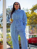 SC Print Stripe Long Sleeve Tie Up Two Piece Pants Set MIL-T091