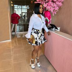 SC Vintage Printed Shirt High Waisted Puffy Skirt 2 Piece Set SFY-TW578