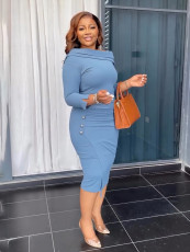 SC Solid Color Long Sleeve Zipper Midi Dress MIL-T066