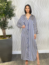 SC Loose Stripe Long Sleeve Single-breasted Shirt Dress MIL-T089