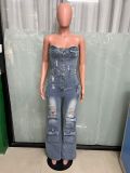 SC Fashion Wrap Chest Single-breasted Denim Jumpsuit LX-6028