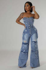 SC Fashion Wrap Chest Single-breasted Denim Jumpsuit LX-6028