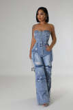 SC Fashion Wrap Chest Single-breasted Denim Jumpsuit LX-6028