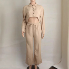 SC Solid Color Lapel Long Sleeve Pants Loose Set QYXZ-6002