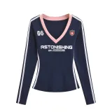 SC Printed V-Neck Color Block Long Sleeve Top GYSE-AP24468