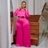 SC Plus Size Solid Shirt And Pleated Wide Leg Pants 2 Piece Set NNWF-N8034