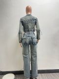 SC Denim Washed Long Sleeve Zipper Two Piece Set NYF-8182