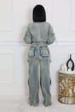 SC Denim Washed Long Sleeve Zipper Two Piece Set NYF-8182