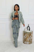 SC Denim Washed Long Sleeve Zipper Two Piece Set NYF-8182
