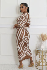 SC Long Sleeve Print Pleated Split Long Dress XHXF-434