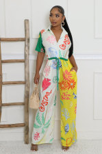 SC Print Color Block Wide Leg Jumpsuit XHXF-8707
