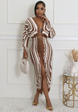 SC Long Sleeve Print Pleated Split Long Dress XHXF-434