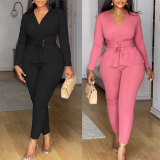 SC Solid Color V Neck Long Sleeve Two Piece Set NY-S10913