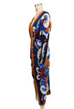 SC Long Sleeve Print Pleated Split Long Dress XHXF-434