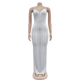 SC Solid Color Sling Hot Drill Maxi Dress GOSD-OS7031
