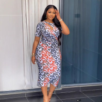 SC Print Hollow Out Split Midi Dress NY-S10911