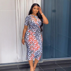 SC Print Hollow Out Split Midi Dress NY-S10911