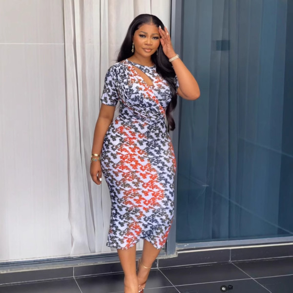 SC Print Hollow Out Split Midi Dress NY-S10911