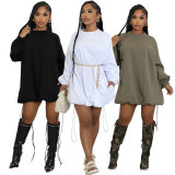 SC Solid Color Long Sleeve Loose Mini Dress XHXF-435