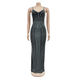 SC Solid Color Sling Hot Drill Maxi Dress GOSD-OS7031