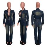 SC Fashion Washed Denim Long Sleeve Jumpsuit GKNF-TSJ-6027