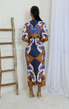 SC Long Sleeve Print Pleated Split Long Dress XHXF-434