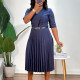 SC Solid Color V Neck Press Pleated Midi Dress(With Belt) GMLF-D3296