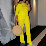SC Solid Color Slash Neck Tops Two Piece Pants Set GMLF-D3298