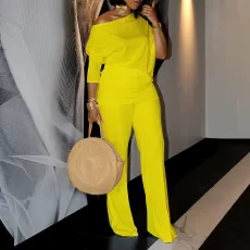 SC Solid Color Slash Neck Tops Two Piece Pants Set GMLF-D3298