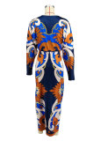 SC Long Sleeve Print Pleated Split Long Dress XHXF-434