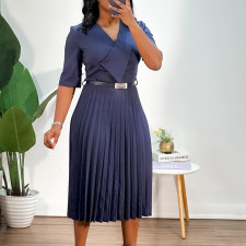 SC Solid Color V Neck Press Pleated Midi Dress(With Belt) GMLF-D3296