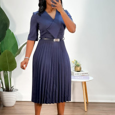 SC Solid Color V Neck Press Pleated Midi Dress(With Belt) GMLF-D3296
