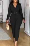 SC Solid Color V Neck Long Sleeve Two Piece Set NY-S10913