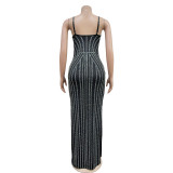 SC Solid Color Sling Hot Drill Maxi Dress GOSD-OS7031
