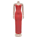 SC Solid Color Sling Hot Drill Maxi Dress GOSD-OS7031