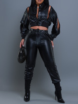 SC PU Leather Solid Color Zipper Two Piece Set AIL-AL291