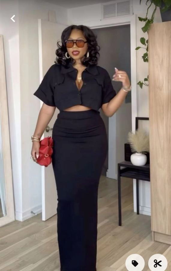 SC Solid Color Shirt Neck Tops Two Piece Skirts Set QOUY-M6022