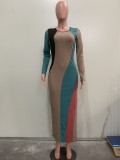 SC Multicolor Patchwork Long Sleeve Slim Maxi Dress ORY-Y5263