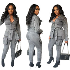 SC Fashion Denim Long Sleeve Belt Jumpsuit MEM-MZ88601
