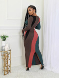 SC Multicolor Patchwork Long Sleeve Slim Maxi Dress ORY-Y5263